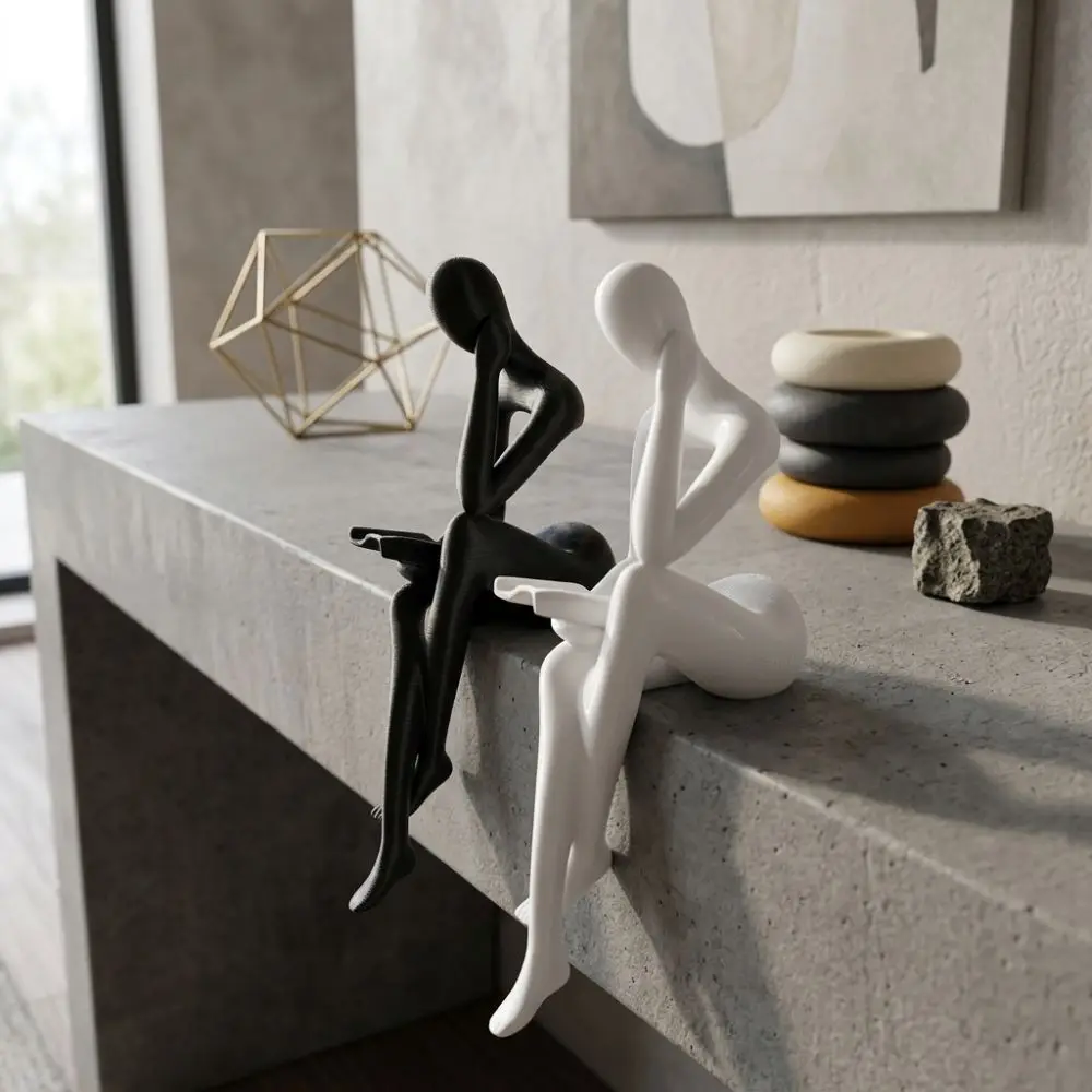 Minimalist Abstract Thinker Sitting Figurine Long Leg Plastic Reading Figure Statue 3D Printing Modern