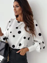 Fashion Dot Printing Shirts Women Long Sleeve O Neck Casual Blouse Black And White Elegant Ladies Pullover Tops Spring Autumn