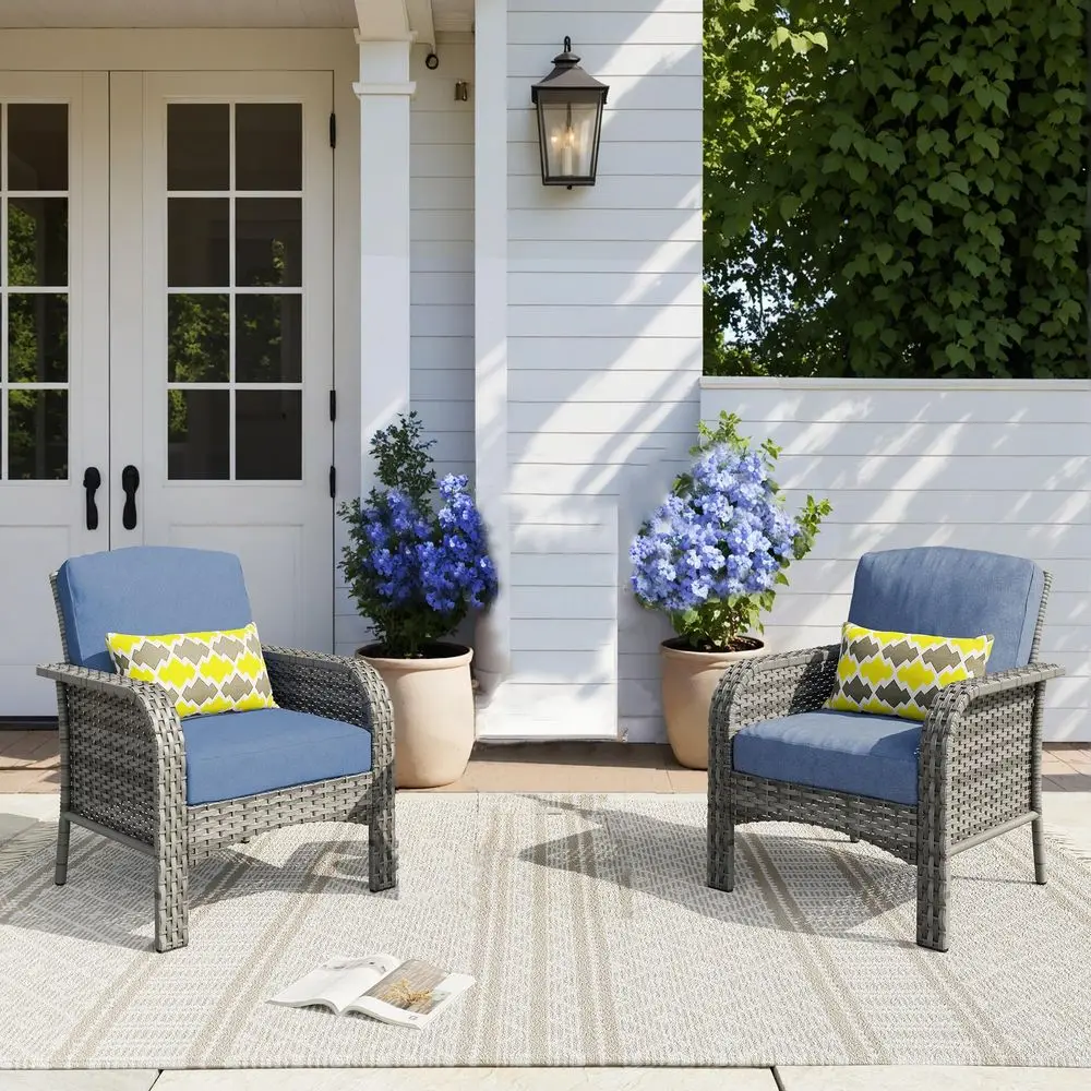 Patio Furniture Set,2 Pieces Outdoor Wicker Chairs Set,All Weather Bistro Chairs with Comfy High Back,Denim Blue