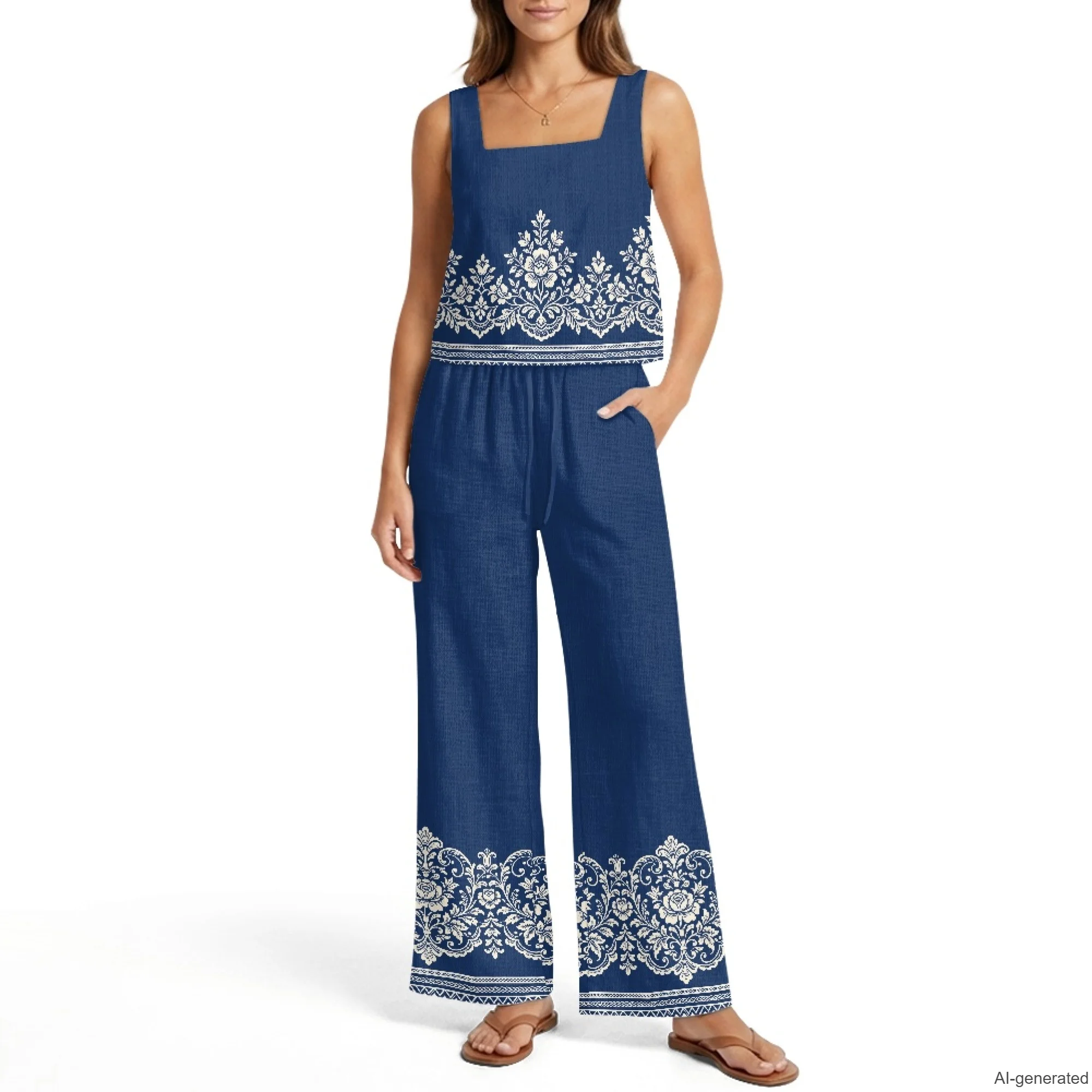 XIXIRIMIDO Women's Linen Two Piece Sleeveless Tops Wide-Leg Pants Ethnic Style Prints Outfits Commuting Daily Wear with Pockets