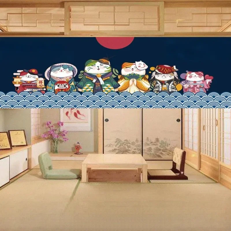 VIKAMA Cartoon Maneki Neko Valance Curtain Japanese Wave Pattern Shop Front Short Curtain for Japanese Style Store Home Decor