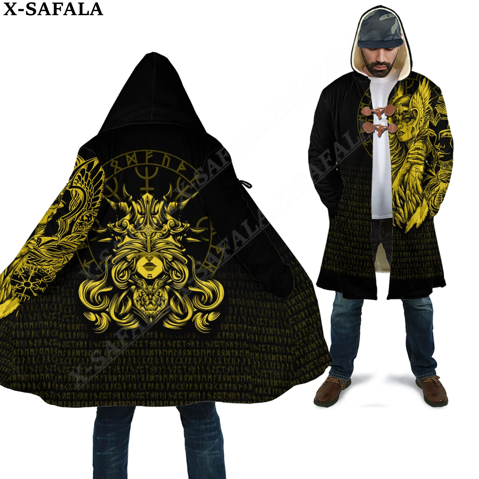 The Valkyries Turquoise Tattoo Symbol Viking Overcoat Coat 3D Print Thick Warm Hooded Cloak  Men Windproof Fleece Unisex-1