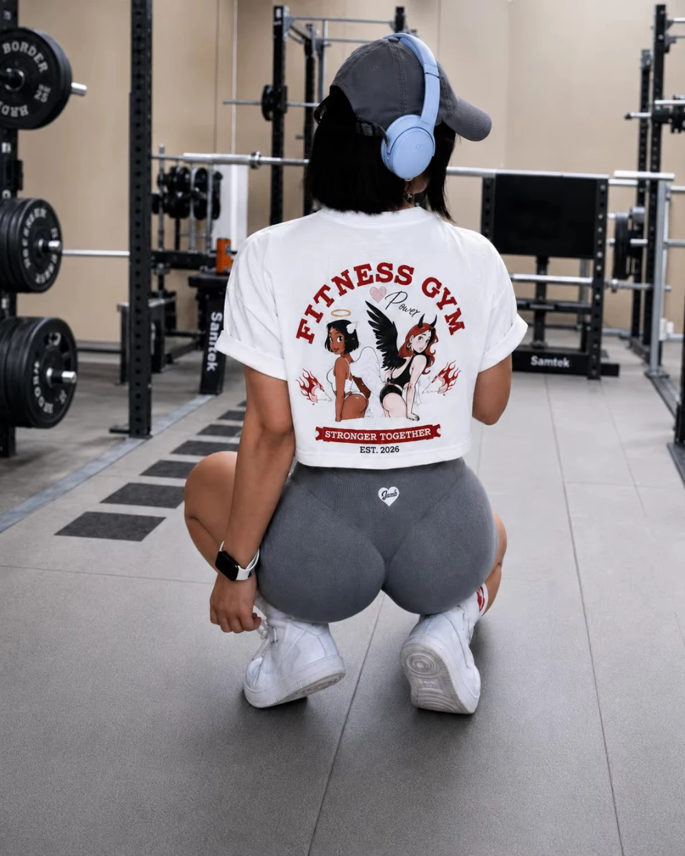 2026 Fitness Gym Angel Devil Illustration Cotton T-Shirt Stronger Together Back Print White Unisex Crew Neck Short