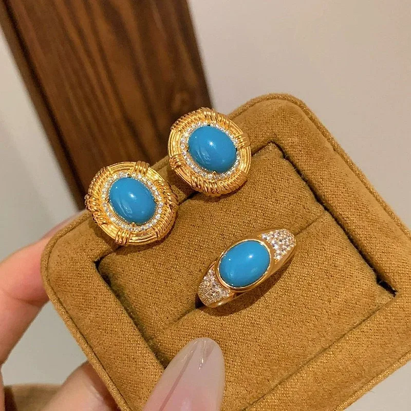 2024 New popular brand gifts retro turquoise Fried Dough Twists shiny high-end fashion round earrings s925 extravagant party