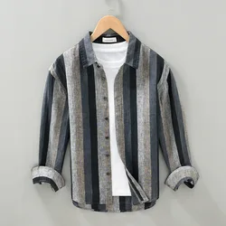 100% Linen Casual Striped Shirt for Mens Long Sleeve Turn-down Collar Shirts Spring New Men Dress Shirt