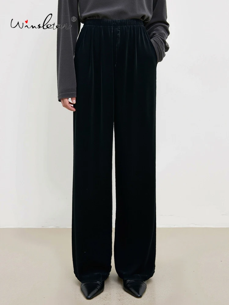 

Winsleter-Bottom 100%Real Silk Elegant Velvet Trousers, Elastic Waist Pocket, Women Vintage Casual Pants, 2026 Spring B61739CC