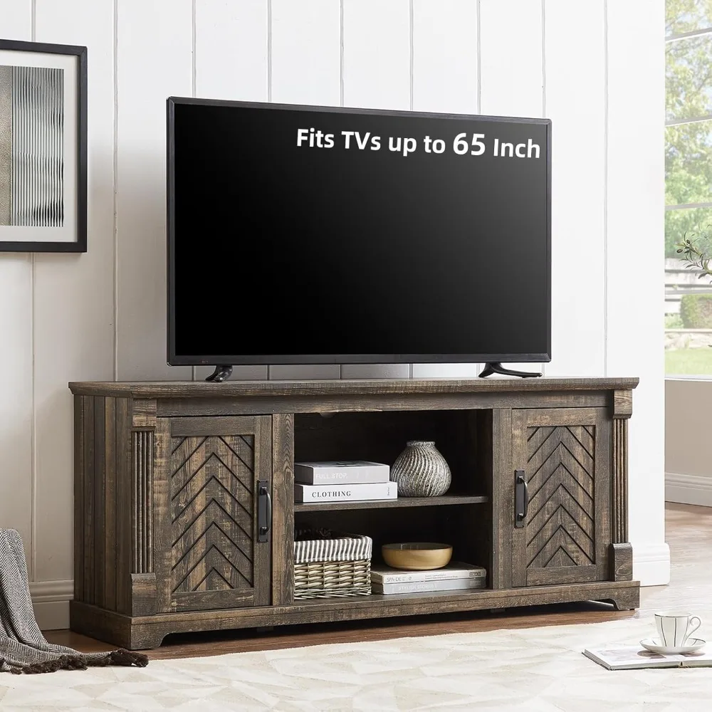 

Rustic Barn Door Entertainment Center, 65-Inch TV Stand with Adjustable Shelving for Bedroom