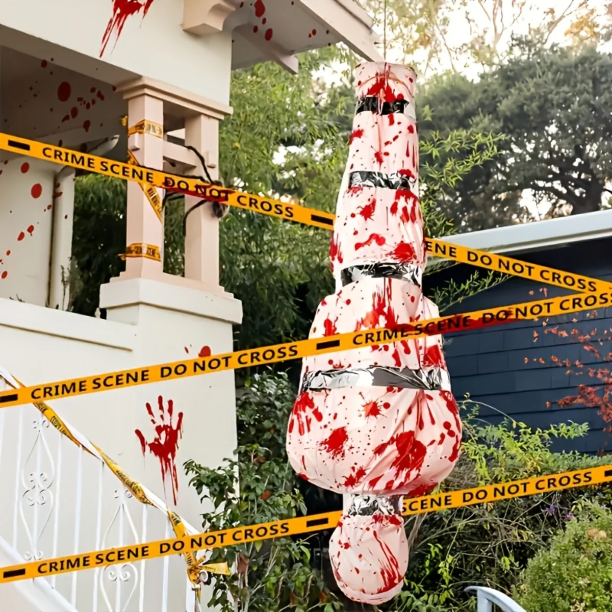 Halloween Inflatable Corpse Prop Lying Mannequin with Caution Tape for Haunted House Horror Isolation Room Party Decor