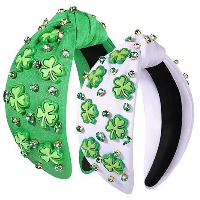 Lucky Shamrock Patterned Headband Green White Festive Knot Headwrap Cheerful Irish Parade Costume Hair Decor Ornament