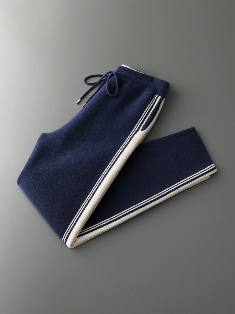 Chic High Quality Men's Autumn Winter Thick Knitted Straight Leg Pants 100% Merino Wool Casual Jacquard Contrast Color Trousers