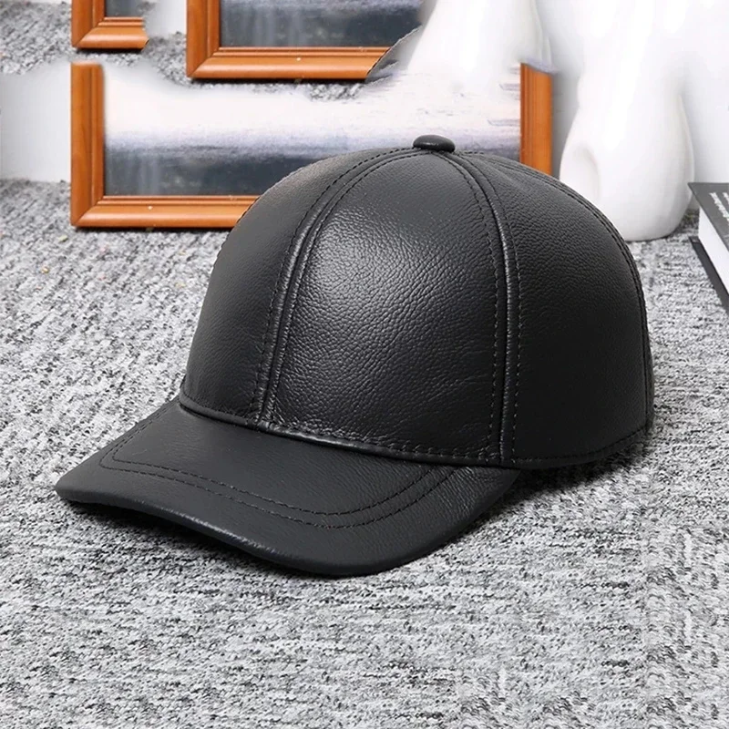 Men's Genuine Leather Hat Autumn Winter Men's Cowhide Baseball Cap Male Outdoor Sunshade Leather Baseball Cap Adjustable