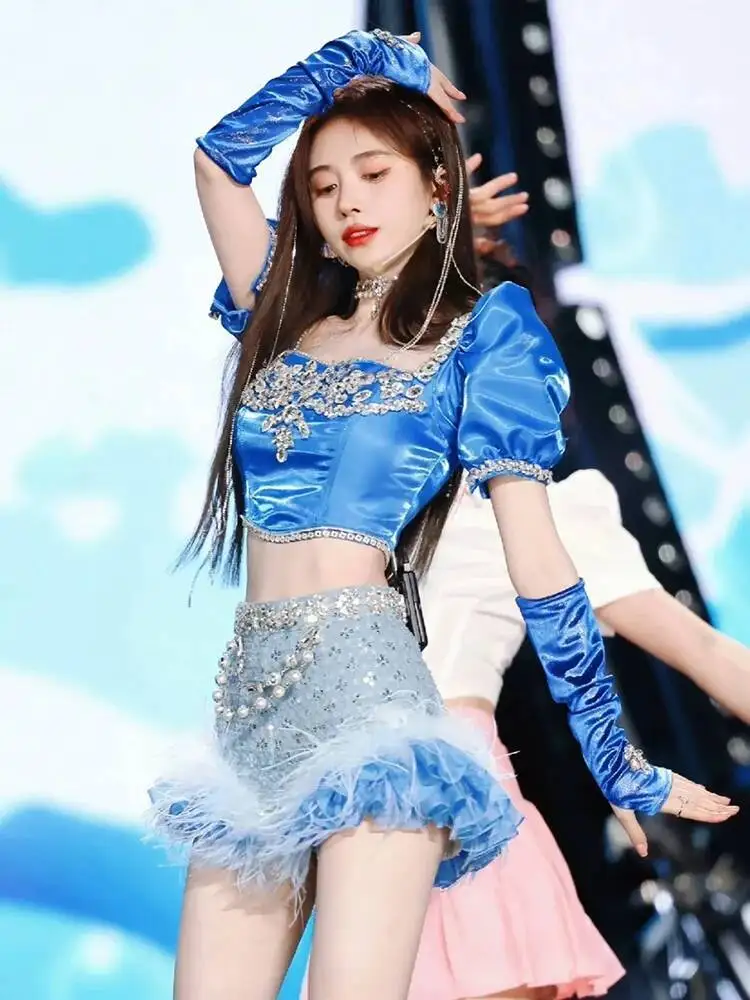 

Idol Singer K-pop Korean Outfits Concert Stage Performance Clothing Women Jazz Dance Costume Hip Hop Diamond Blue Dance Clothes