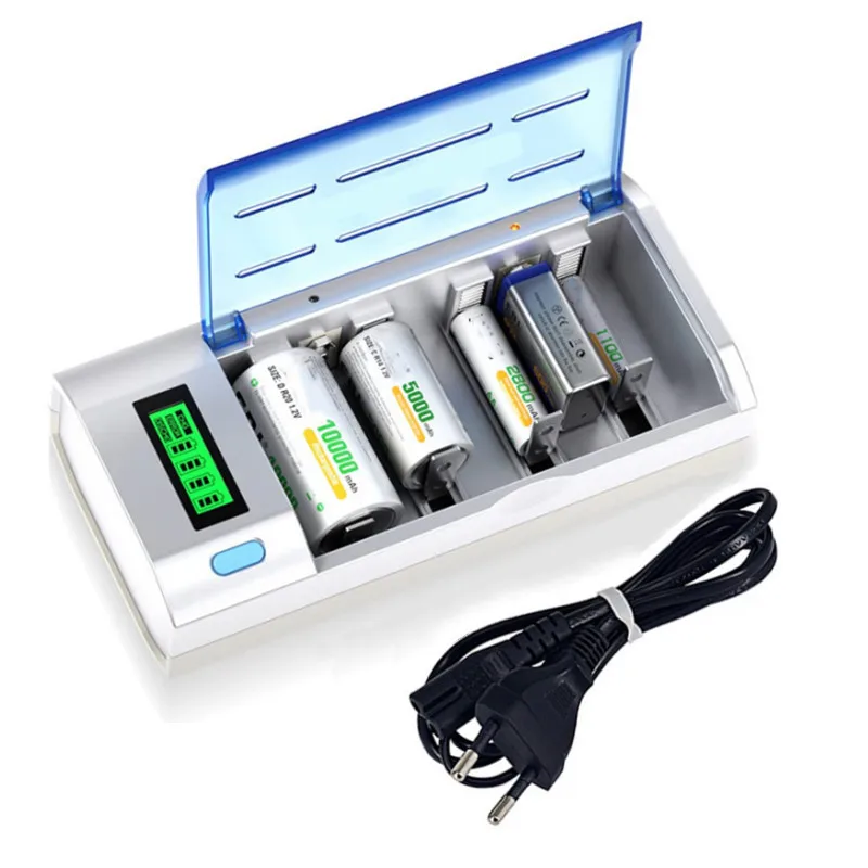 6 slots LCD Smart Display Fast Charge EU/US Plug Battery Charger for 1.2V AAA AA C D Size 9V Rechargeable Battery