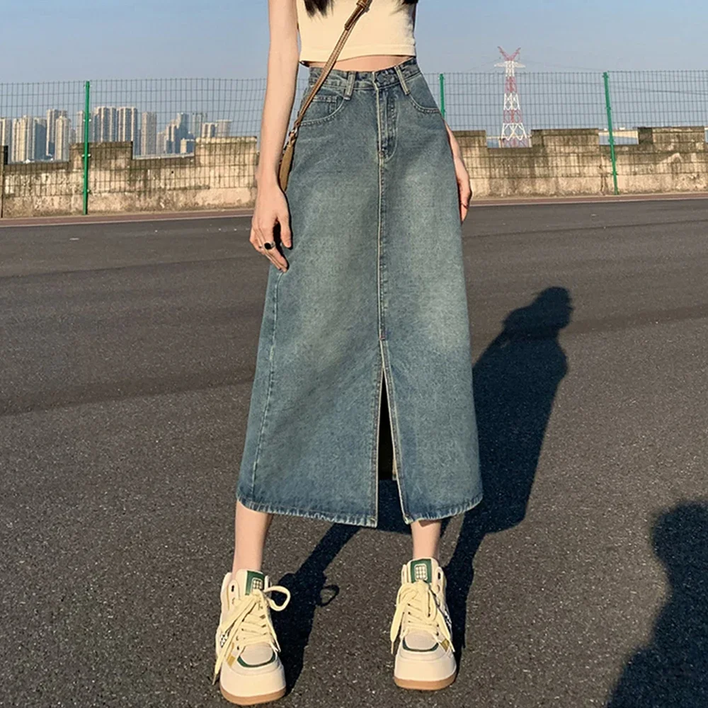 Summer Women High-waist A- line Skirt Pockets Front Slit Washed Blue Denim Skirts Hip-covering Straight Long Jeans Skirt