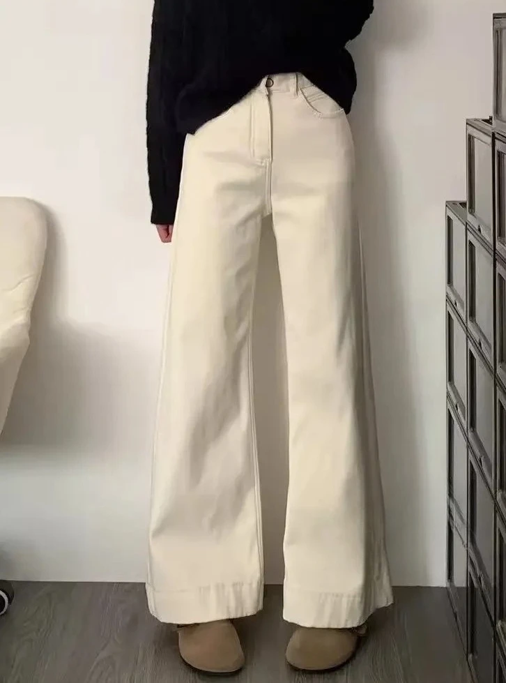 Fall Winter Women's Loose Pants New Style Casual Slimming Pure Color High Waist Straight Jeans