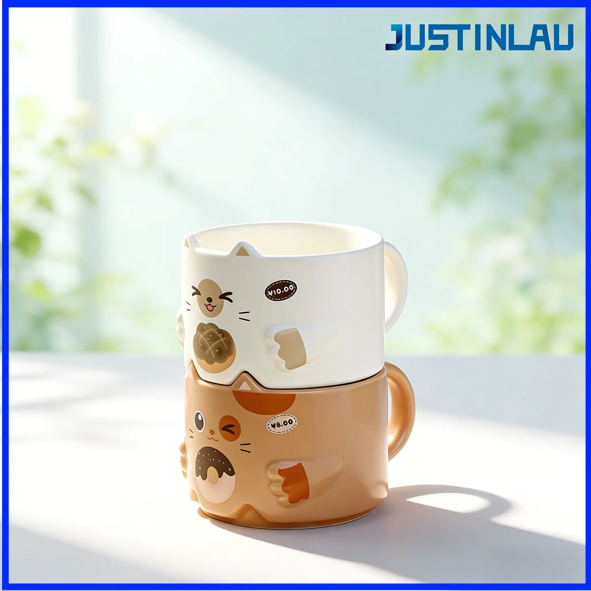 JUSTINLAU 320ML Katzen-Kaffeetasse aus Keramik, stapelbar, katzenförmige Frühstückstasse, Teetasse, Haushalts-Desktop-Dekorationstasse, Festtagsgeschenk