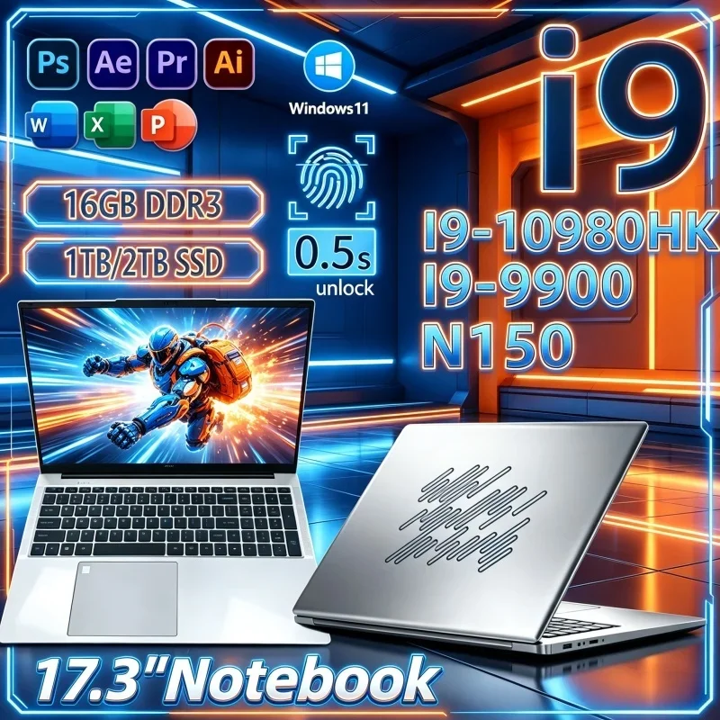 New Trending‑Pick 17.3 Inch Notebook Intel I9‑10980HK/I9‑9900/N150 16GB 32GB 2TB SSD Win11 Ultra Slim Gaming Office Laptop