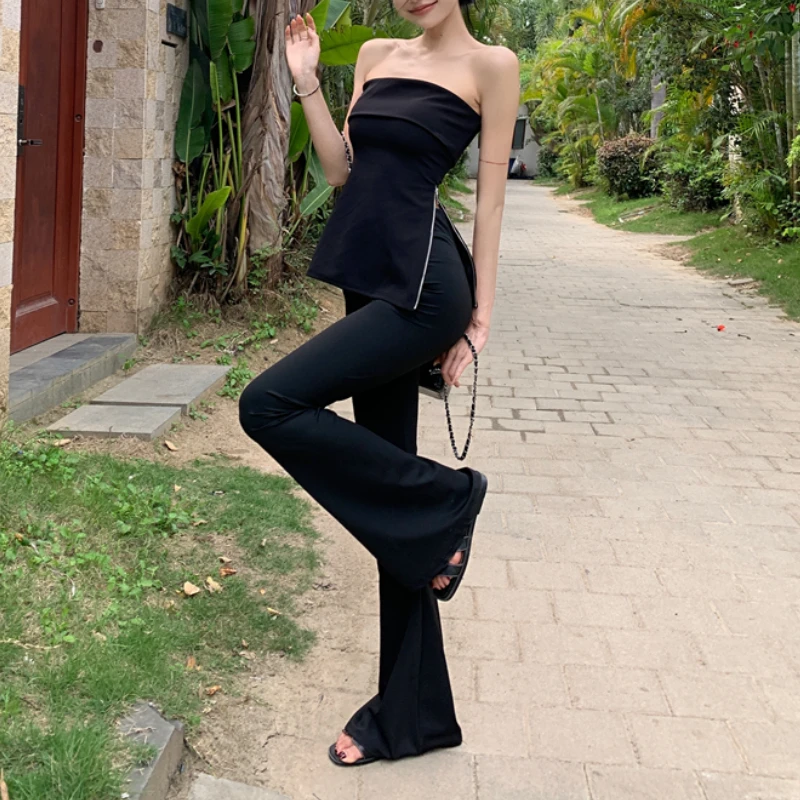 2024 Summer New Off-shoulder Sexy Slim Zipper Tank Tops Women + High Waist Solid Color Casual Wide Leg Pants Two-piece Suit