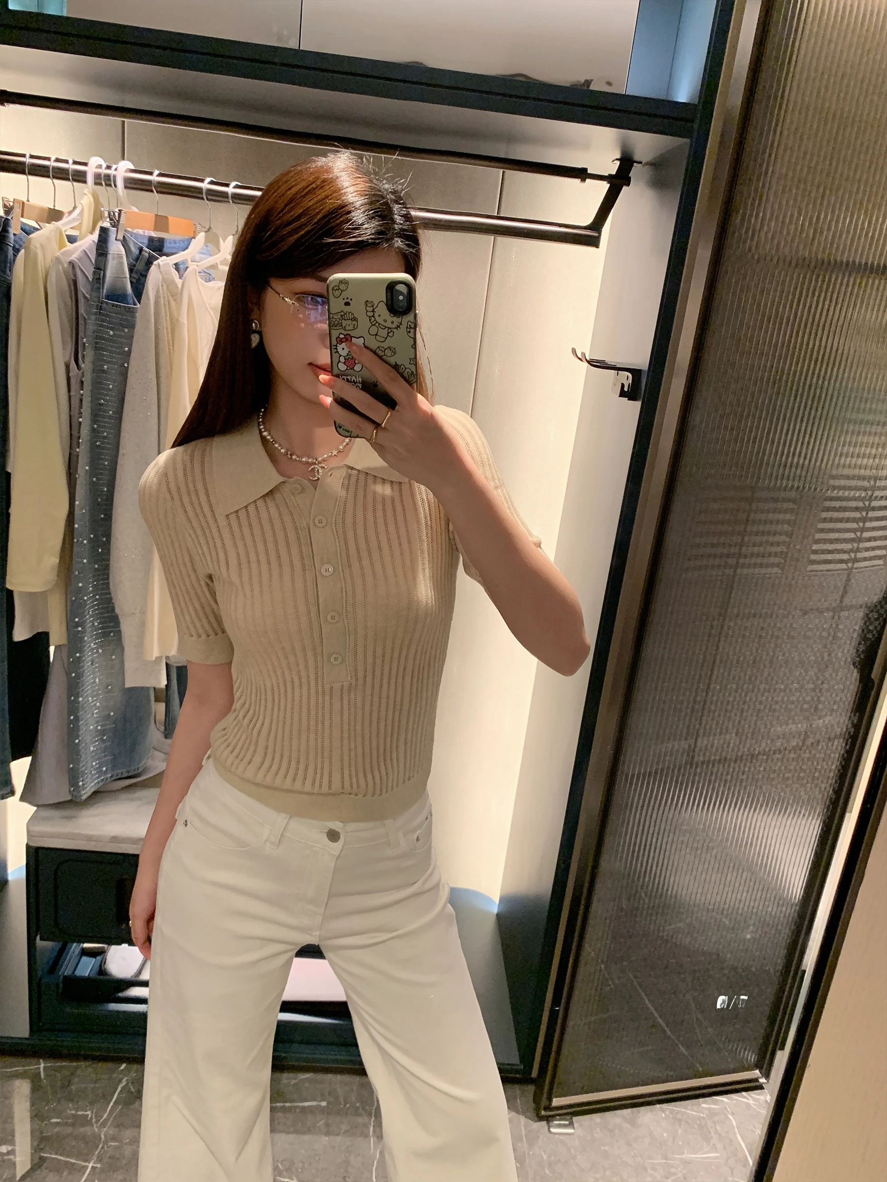 

Женский модный трикотажный топ Sam Seoi Slim Fit с коротким рукавом на пуговицах, повседневный, стандартной длины, в полоску