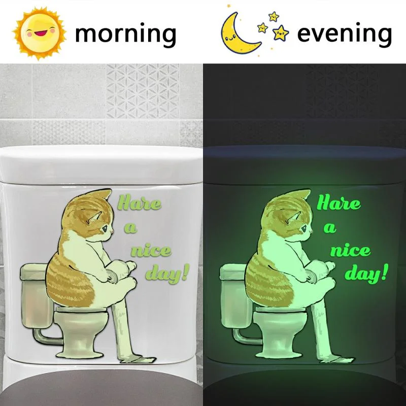 Bathroom Luminous Cat Squatting Toilet English Slogan Toilet Sticker Self-Adhesive Beautify Home Decor