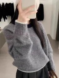 Europe Station color stripes 100 pure cashmere sweater women 2024 winter thickened short knit sweater base sweater