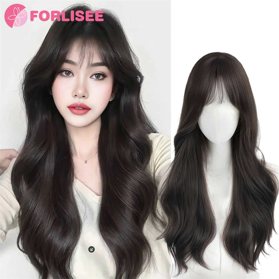 Synthetic Long wavy Topper Wig Clip in Hair Extensions Natural Fluffy Head Top Fake Hair Piece with Bang Clip Black Brown