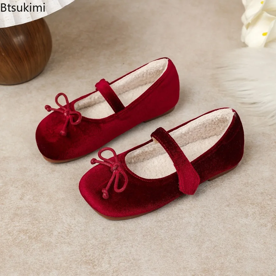 Children's Pleuche Solid Bowknot New Girl Warm Leather Shoes Fashion Ballet Versatile Kids Causal Princess Wedding Flat Shoes