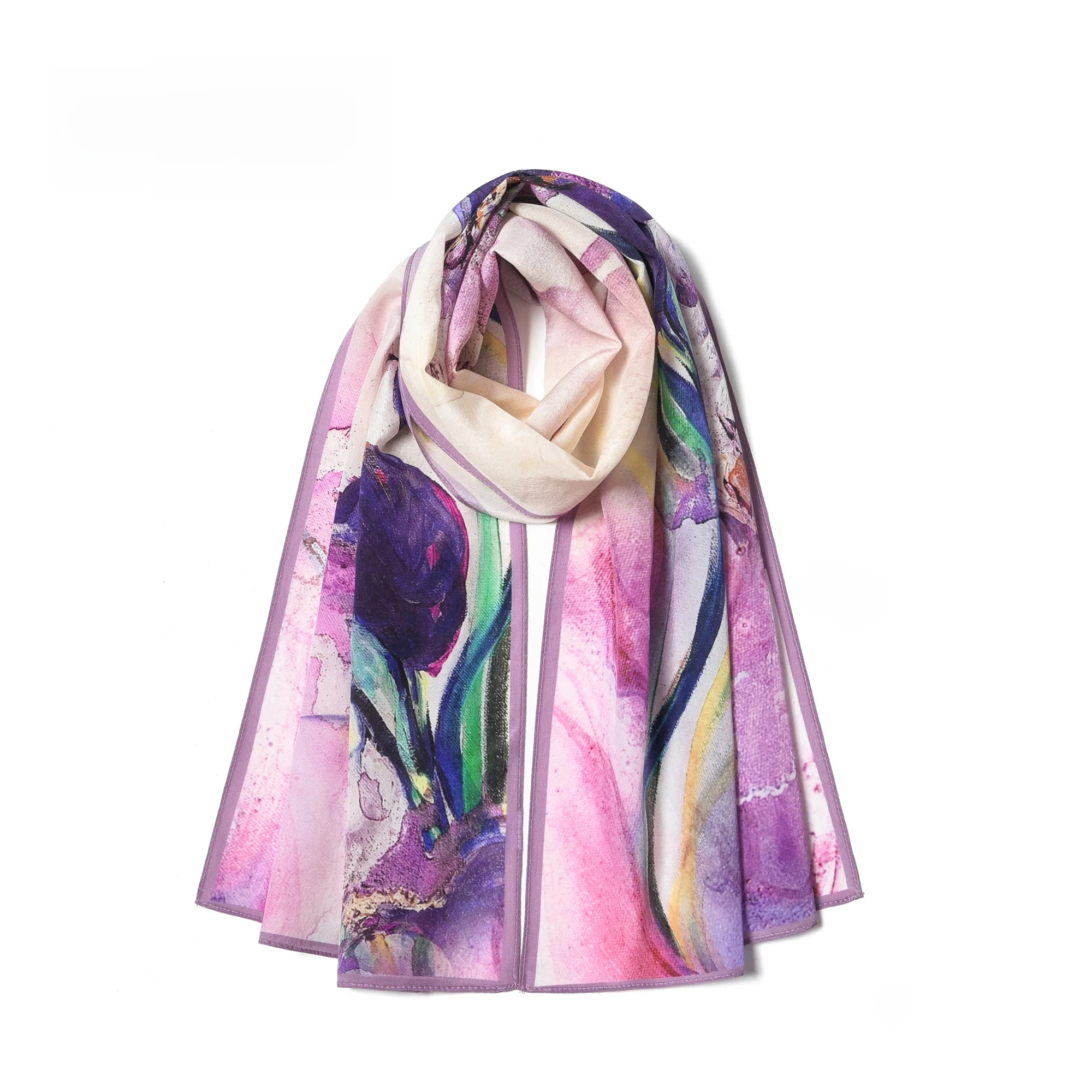 シルク花柄水彩プリントロングスカーフ女性用エレガント高級通勤アクセサリー英国風長方形多機能