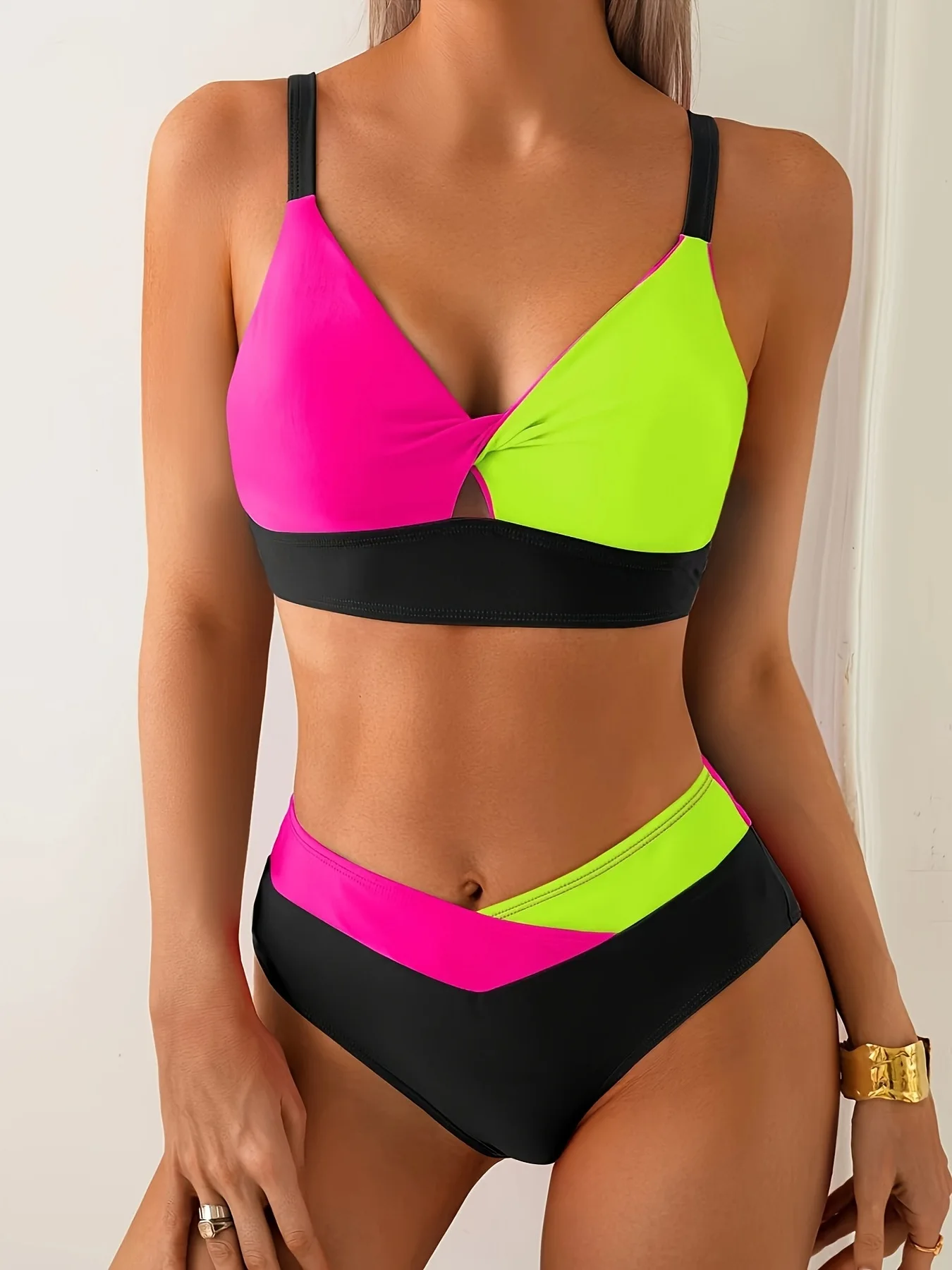

2026 High Waisted Bikini Set Color Block Two Piece Swimsuit for Women Sexy Y2K Vacation Swimwear Holiday Beachwear Outfits Sexy