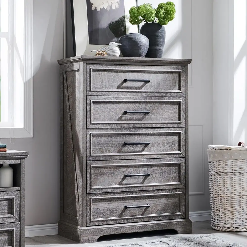 

46 Tall Rustic Wood Chest with Wide Metal Handles, Natural Texture, for Bedroom, Living Room, and Entryway in Grey