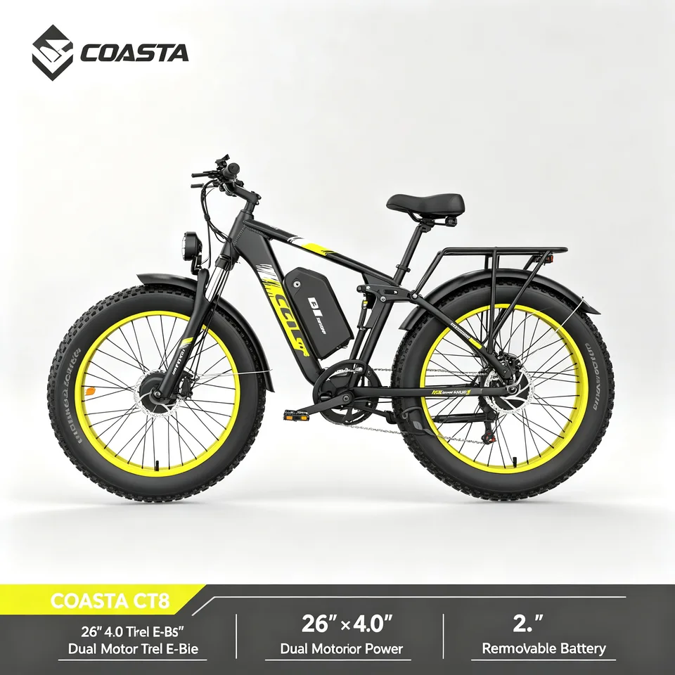 COASTA CT8 Yellow 26"×4.0 Fat Tire Electric Bike Dual Motor Full Suspension E‑Bicycle 3000W Peak 60V Removable Battery Hydraulic Disc Brake Shimano 7‑Speed LCD Display LED Headlight Max Load 150KG For Snow Beach Mountain Off‑Road Riding