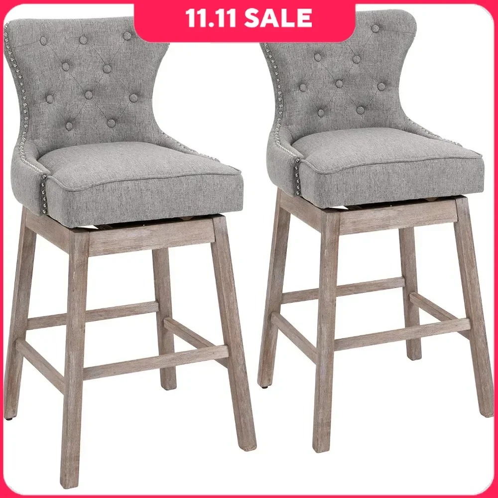 

30" H Bar Stools Set of 2, Fabric Bar Height Barstools with Tufted Back, Nailhead-Trim & Solid Wood Legs, Bar Stools