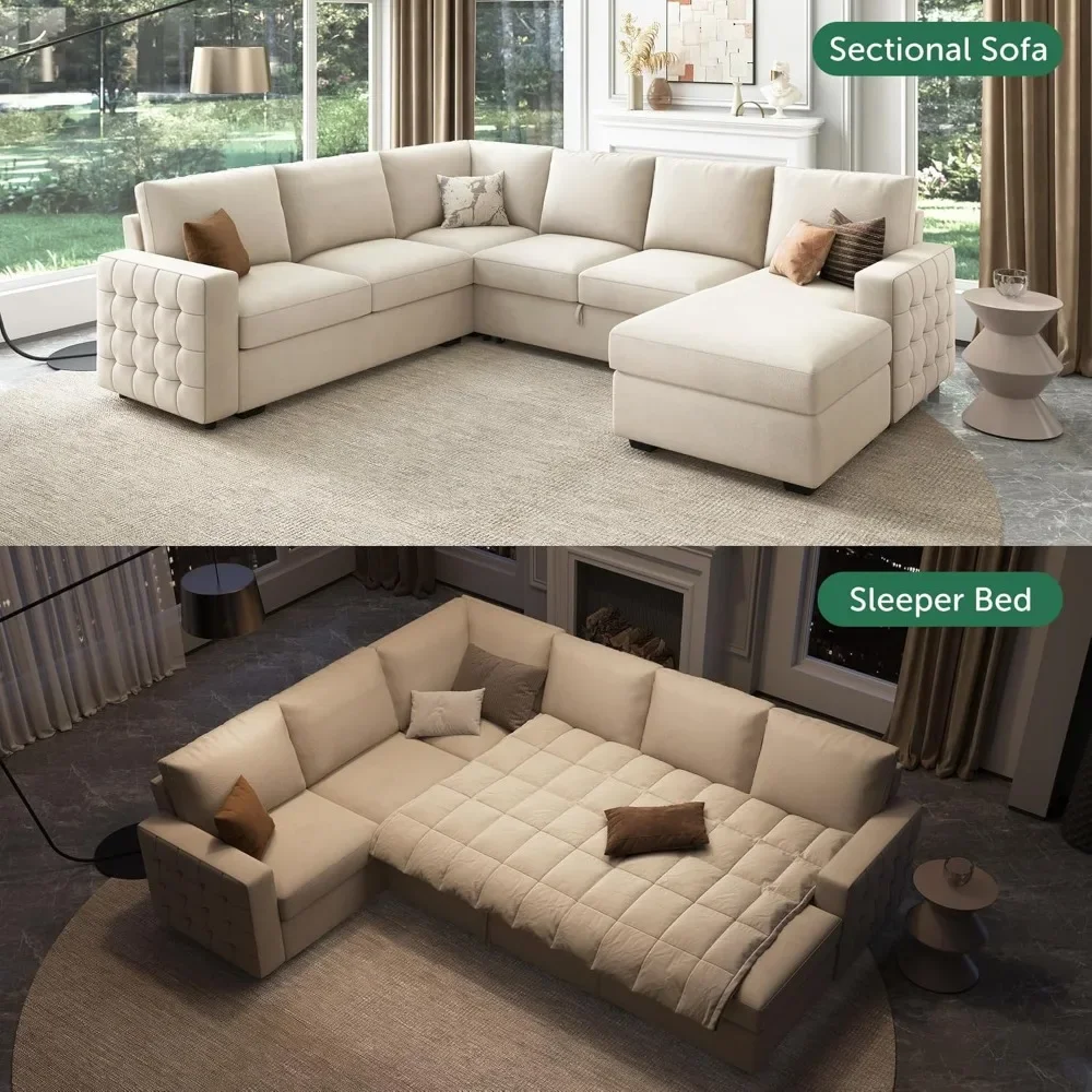 Sleeper Sectional Sofa with Storage Chaise U Shaped Sectional Couch for Living Room, Velvet Sleeper Couch with Pullout Bed