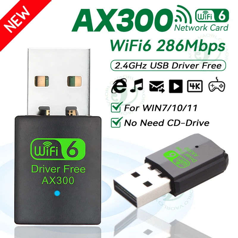 

WiFi USB Wireless Adapter AX300 Wi-Fi6 2.4GHz 802.11AX Wireless Network Card Receiver Dongle For PC/Laptop Win7/10/11 Drive Free