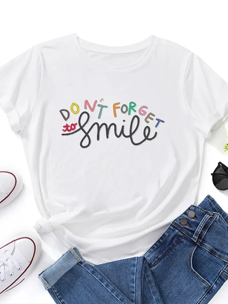 Vergeet niet Glimlach Print Vrouwen T-shirt Korte Mouw O Hals Vrouwen T-shirt Dames T-shirt Tops
