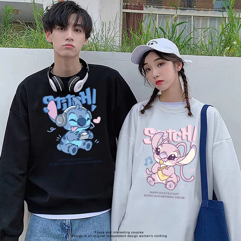 Amerikaanse trendy cartoon stitch print 2025, herfst nieuwe trui met ronde hals, losse paar sporttop met lange mouwen, eenvoudige campuskleding