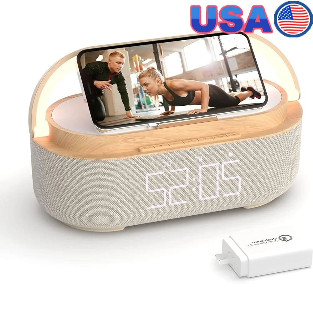

Bluetooth Speaker Alarm Clock Wireless Charger LED Night Light Digital Display FM Radio Desk Organizer 2500mAh Battery