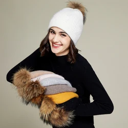 Warm Rabbit Cashmere Unisex Woman Winter Hat With Bead Autumn Beanies With Pompom Soft Cashmere Woman Warm Wool Skullies Gift