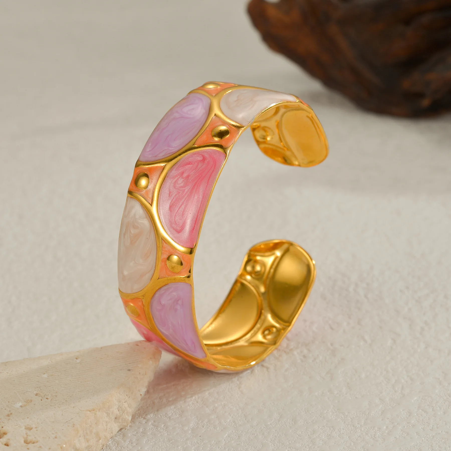 Freeteeme العصرية النفط نازف نمط الكفة الإسورة الفولاذ المقاوم للصدأ للنساء موضة الذهب اللون واسعة سوار مجوهرات هدية عيد ميلاد #4