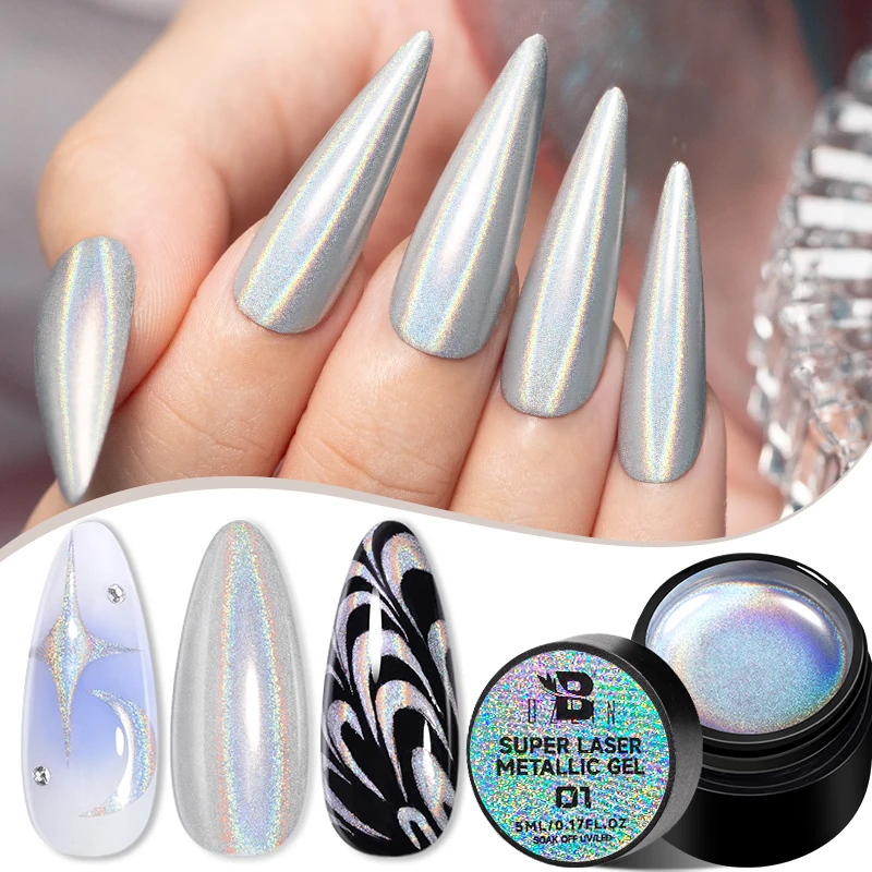 BOZLIN 5ml Super Laser Metallic Painting Gel Nail Polish Chrome Holographics Mirror Metal Effect Draw Flower Holos Nail Gel