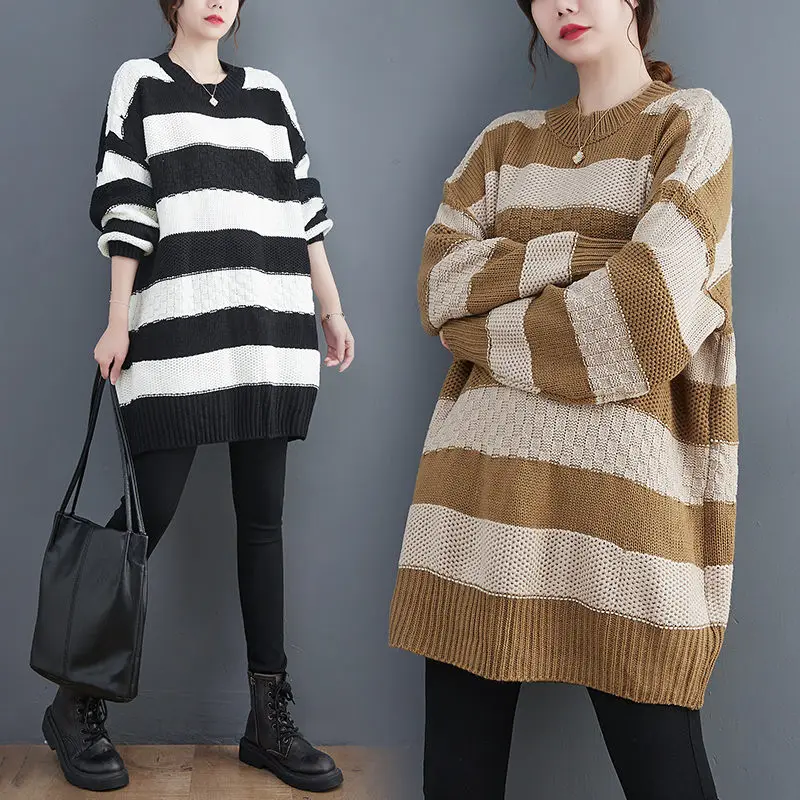 

Autumn And Winter Thickened Warm Sweater Women's Mid-Length Loose BF Lazy Style Contrast Color Striped Knitted Pullover Top T483