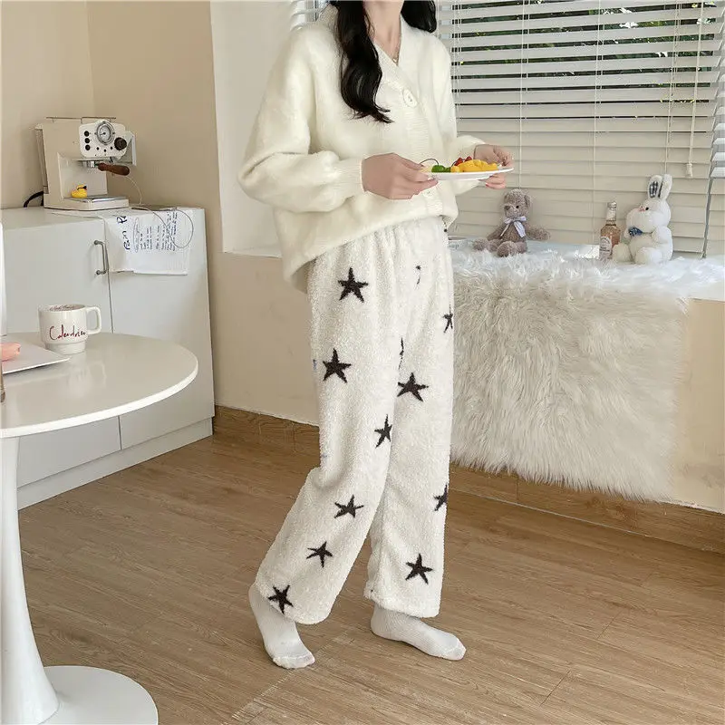 Y2k Fashion Star Printed Coral Velvet Pajamas Pants Youthful Woman Clothes Winter Plush Home Casual Flannel Warm Sleeping Pants