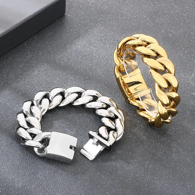 Biker Jewelry Huge 25mm Mens Chunky Bracelet Heavy Sturdy 316L Stainless Steel Cuban Chain with Box Lock Clasp 9inch Silver Gold