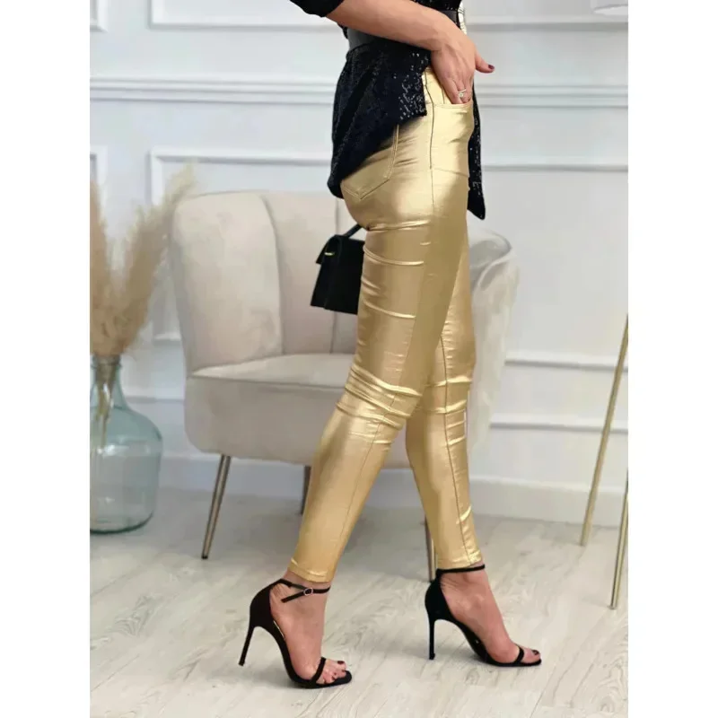 Mardi Gras Vintage paillettes pantalon femmes mode argent or pantalon de fête femme solide taille haute mince décontracté élégant Streetwear