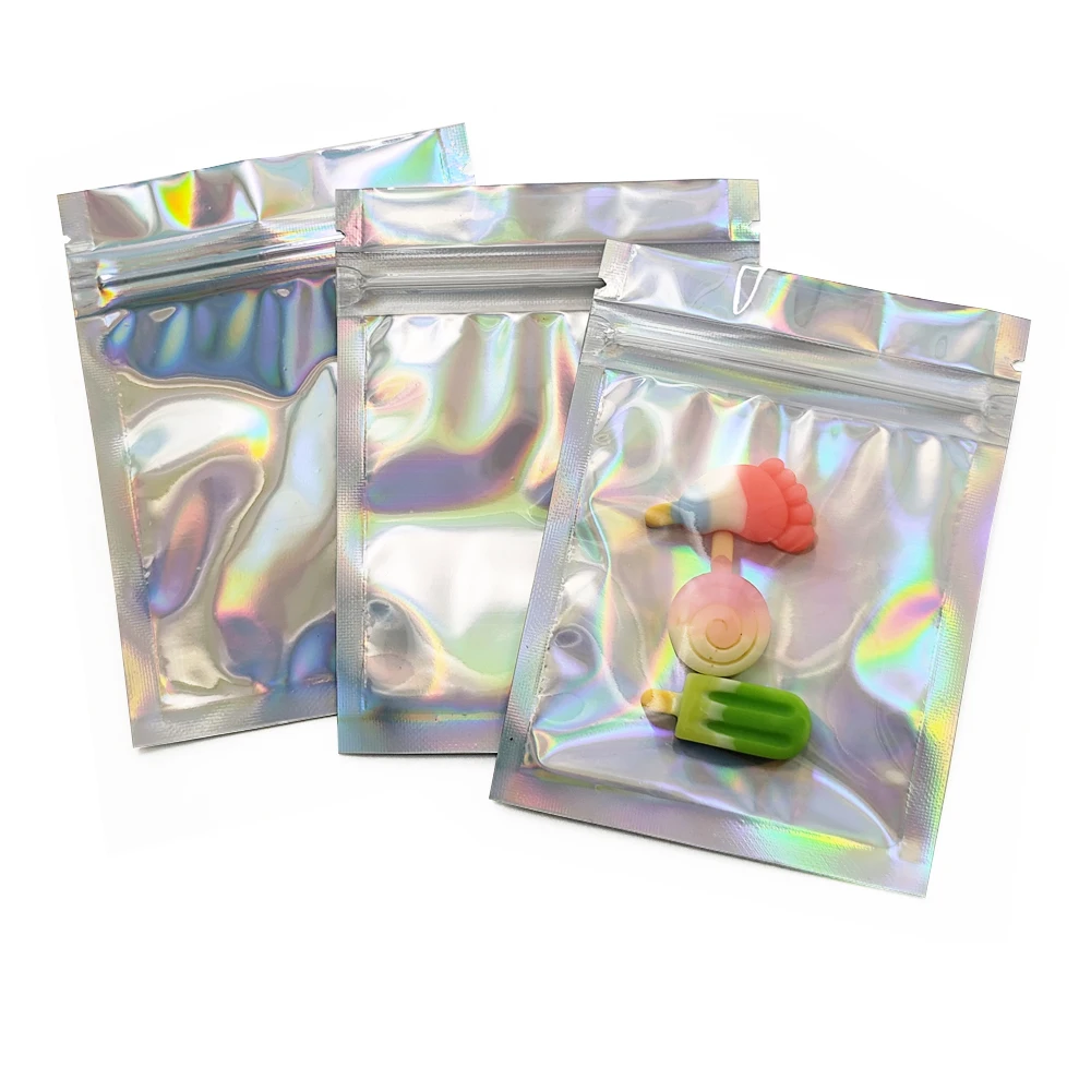 100pcs Clear Front Holographic Laser Aluminum Foil Self Sealing Bag Resealable Transparent Mylar Foil Ziplock Package Pouch