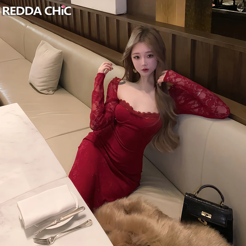 

REDDACHiC Floral Lace Red Dress for Woman Square Neck Corset Sheer Long Sleeves Bodycon Dress Party Valentine's Day Sexy Outfits