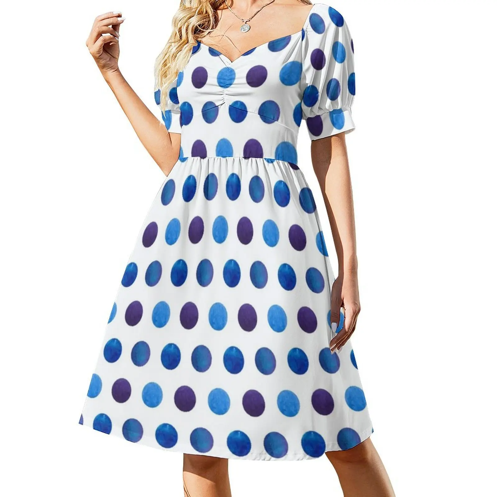 Cute Blue Watercolour Polka Dot Preppy Style Mini Dress For Women A-Line Loose Fit Casual Day Dress Pattern Polka Dot Geometry
