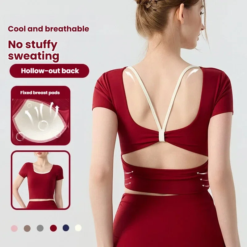 

Women's Yoga Shirts with Built-in Bra Padded Racerback Crisscross Shockproof High Support Training Tops Tee Woman clothes