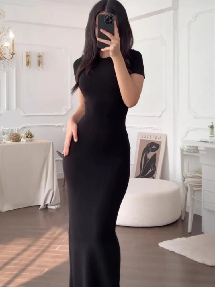2026 New Women's Fashion Solid Color Round Neck Short Sleeve Tight Bag Hip Skirt Daily Home Leisure One Step Long Dress