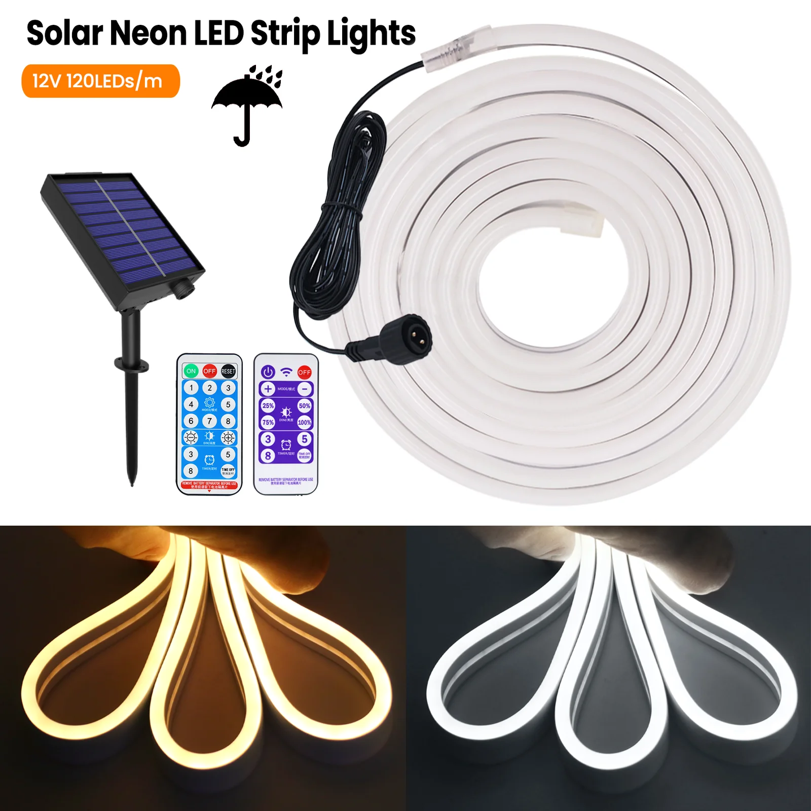 Luce al Neon solare 12V 2835 120Leds/m IP67 impermeabile Neon LED Strip lampada solare telecomando dimmerabile decorazione del giardino all\'aperto